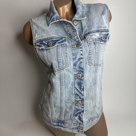Abercrombie & Fitch Distressed Denim Vest M Vintage Blue Jean Biker Grunge - Picture 7 of 8